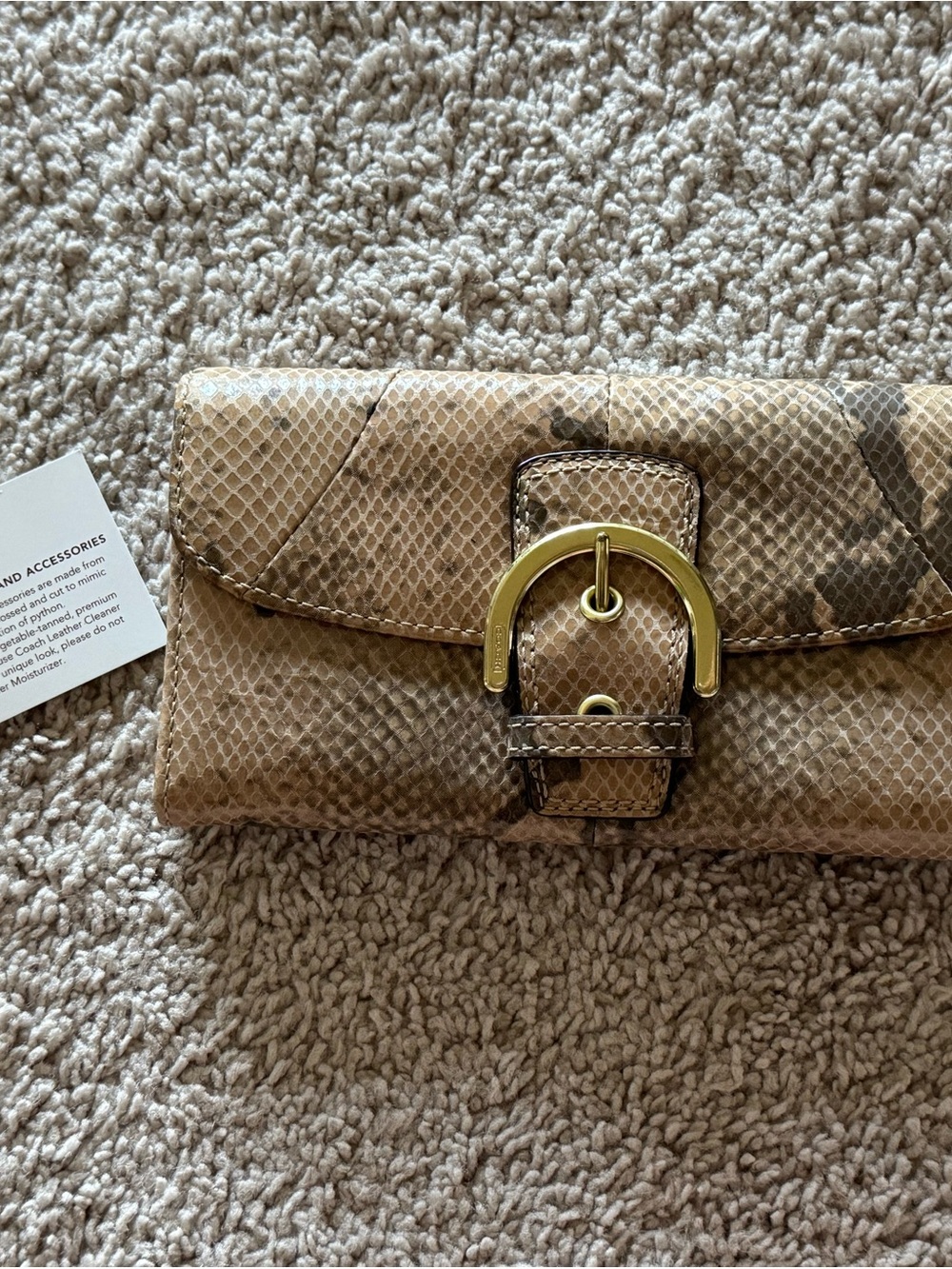 Coach Tan Snakeskin-Texture Clutch with Gold Buckle